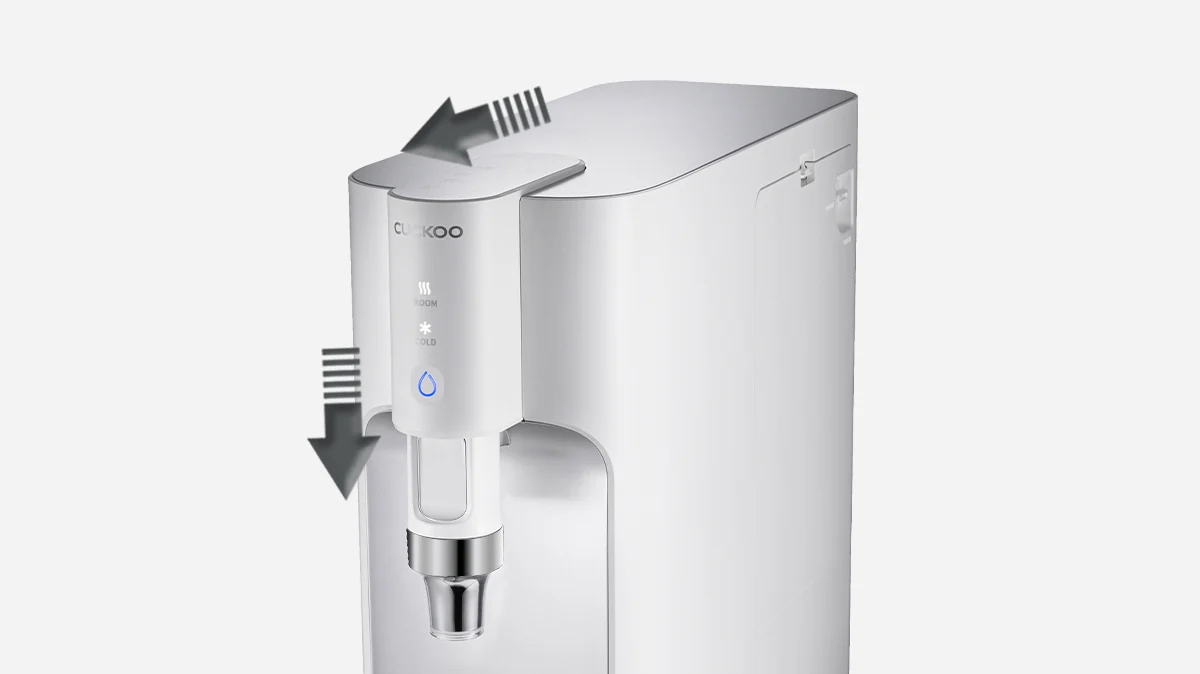 CUCKOO TN102 净水器，箭头示意顶盖向后滑动、出水嘴向下调节。（cp-tn102）