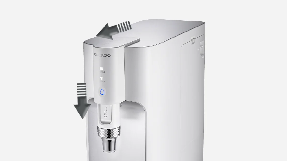 TN100 净水器,箭头示意顶盖滑动和出水嘴上下移动。(CP-TN100)