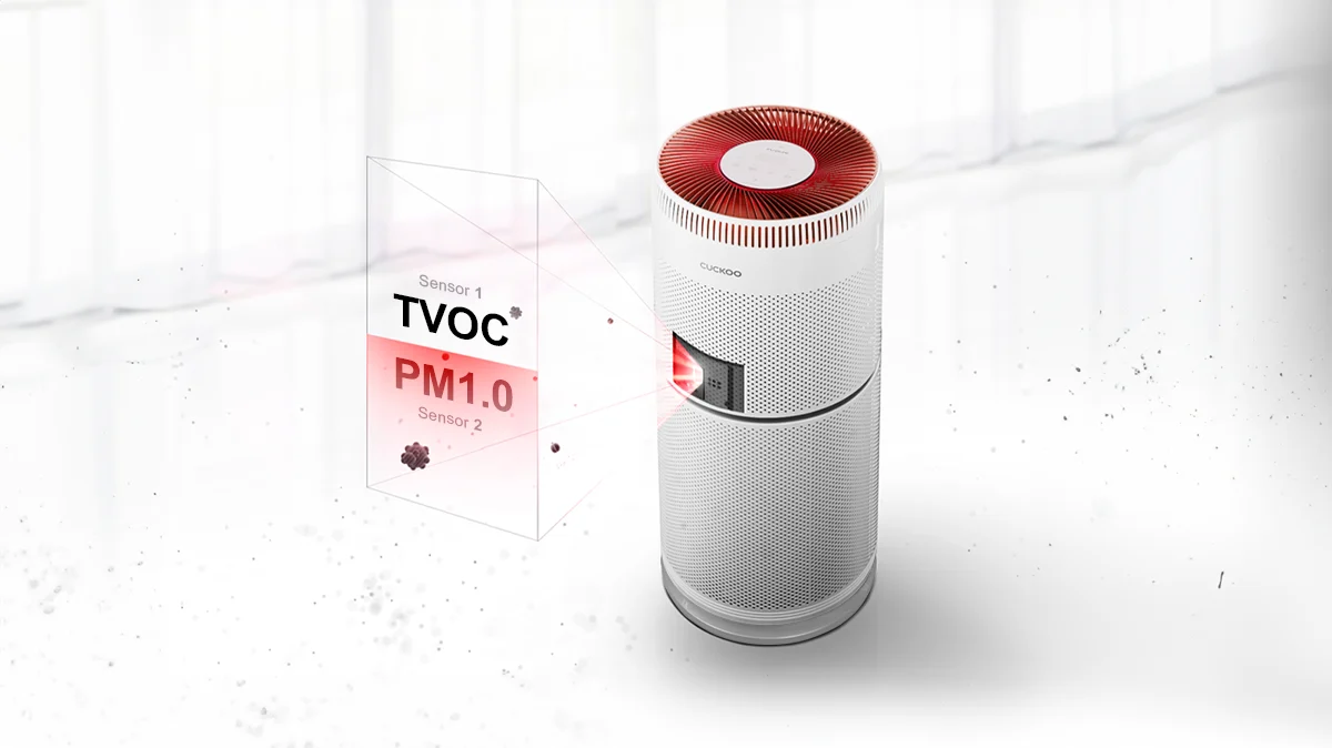 CUCKOO 空气净化器搭配数字叠加图，展示用于监测室内空气质量的 TVOC 与 PM1.0 传感器检测。（CAC-F3010FW）