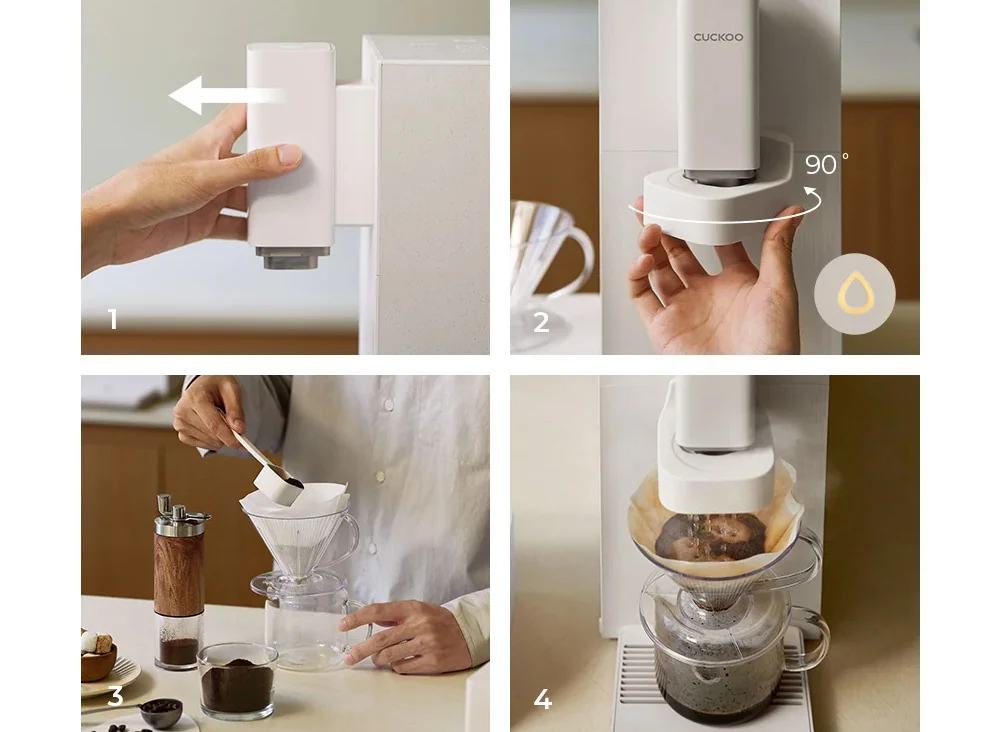 CUCKOO STEAM 100 Barista 使用指南,展示 4 个冲煮步骤、6 种配方以及可拆卸滴滤模块的使用方式。(cp-abnc100)