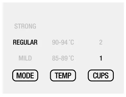 控制面板或设置界面特写,显示温度与杯数设置:“STRONG”“REGULAR”“MILD”,温度 90-94 °C 和 85-89 °C,杯数 2 和 1,以及标有 MODE、TEMP 和 CUPS 的按键。